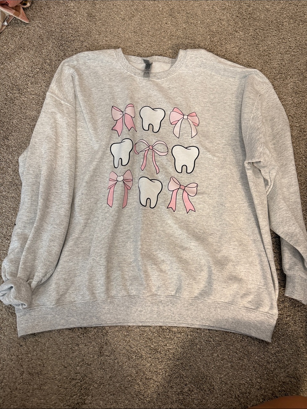Gildan Gray Crewneck Sweatshirt with Pink Bow & Tooth Motif